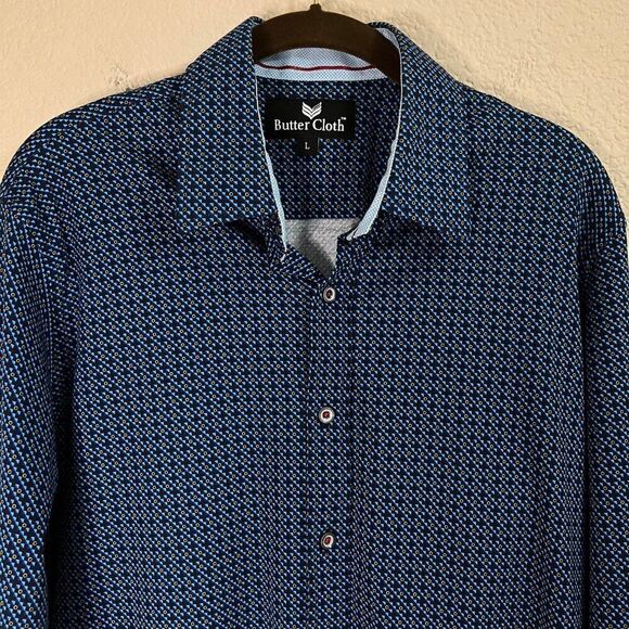 Butter Cloth Size L Blue Geometric Flip Cuff Preppy Office Button Dress Shirt - Picture 4 of 10